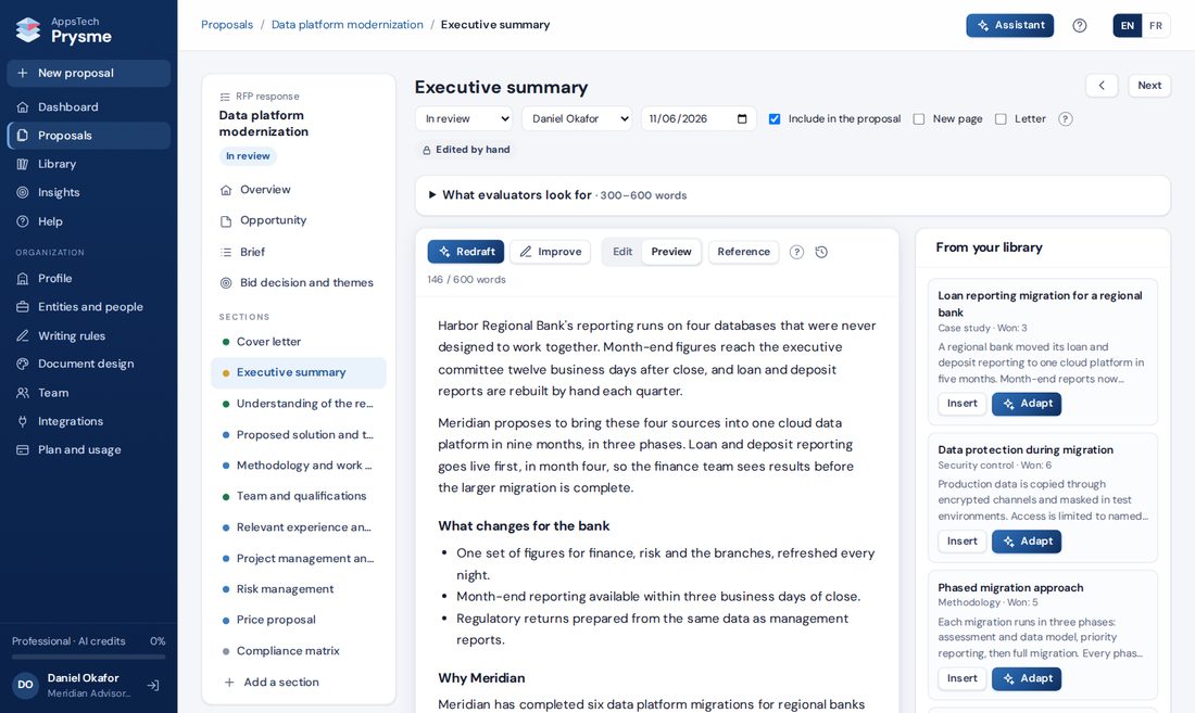 Prysme section editor with suggestions from the content library