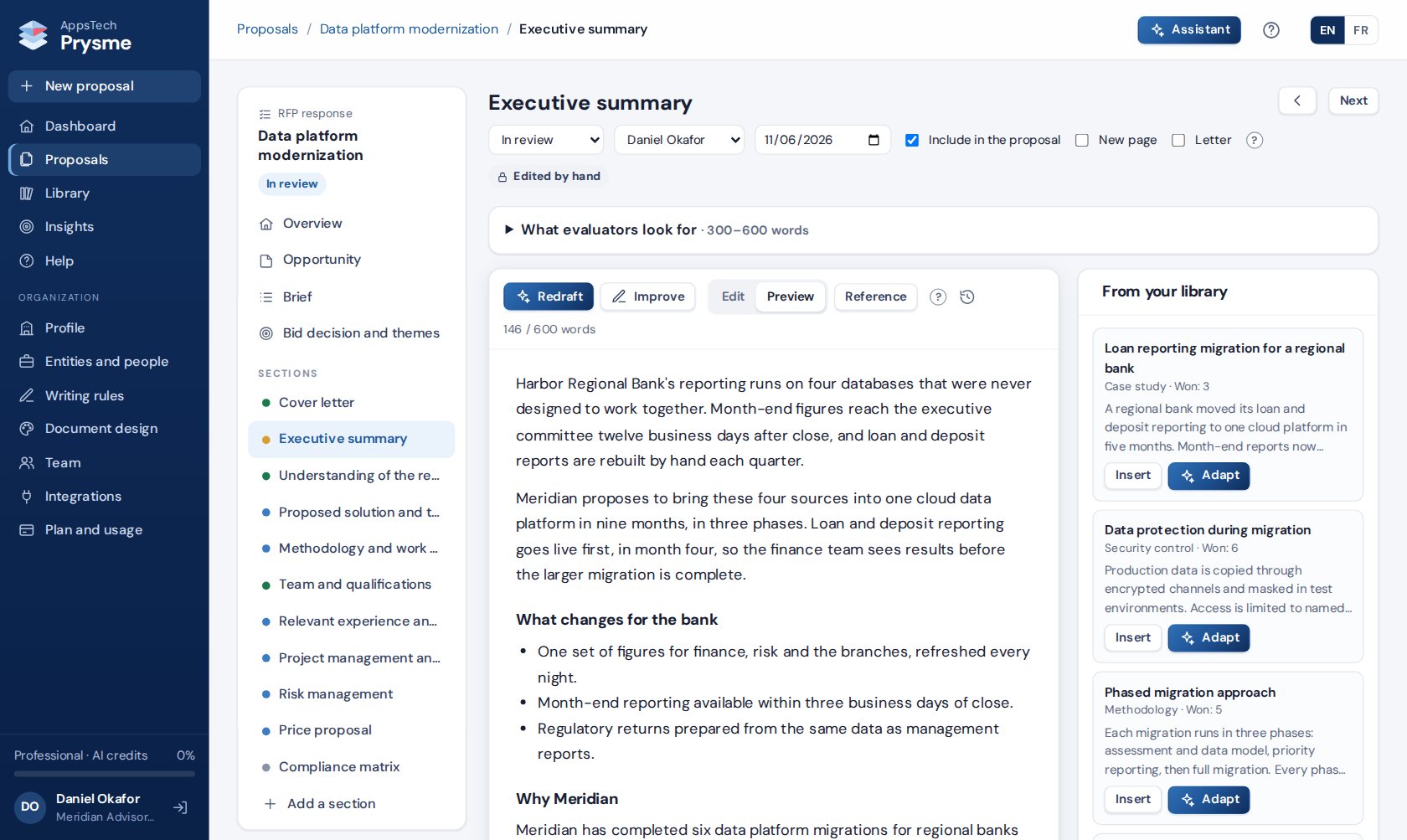 A proposal section in Prysme, with suggestions from the library
