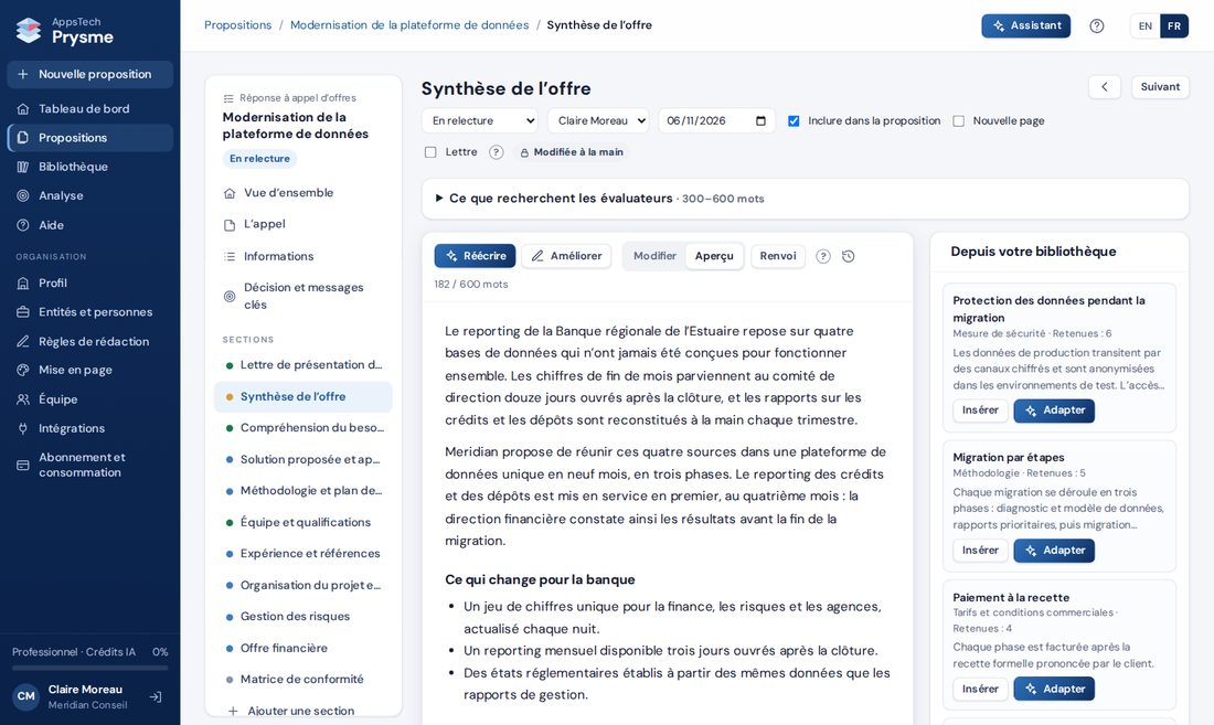 Éditeur de section de Prysme avec les suggestions de la bibliothèque de contenus